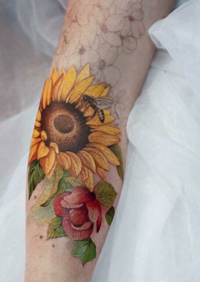 Sunflower And Rose Tattoo