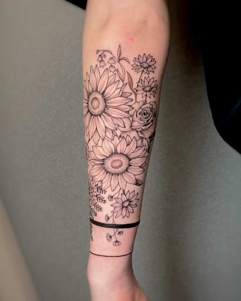 Sunflower And Rose Tattoo