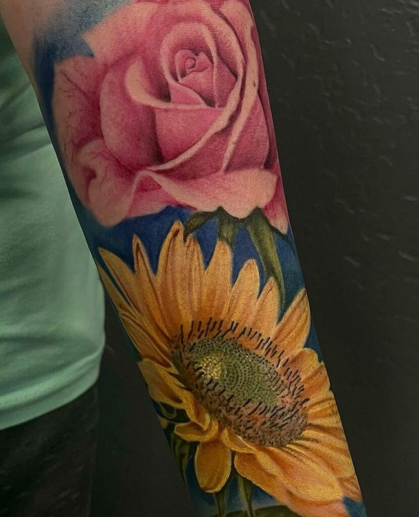 Sunflower And Rose Tattoo