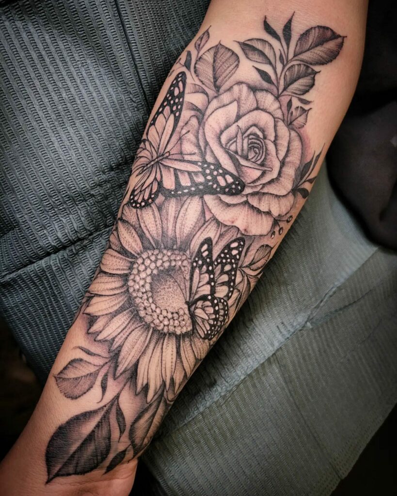 Sunflower And Rose Tattoo