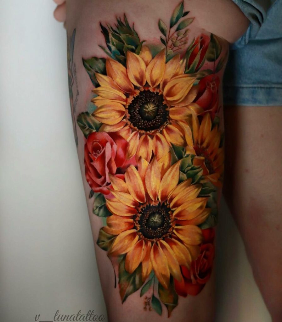 Sunflower And Rose Tattoo