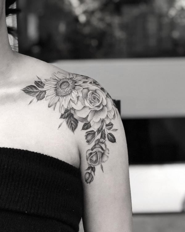 Sunflower And Rose Tattoo