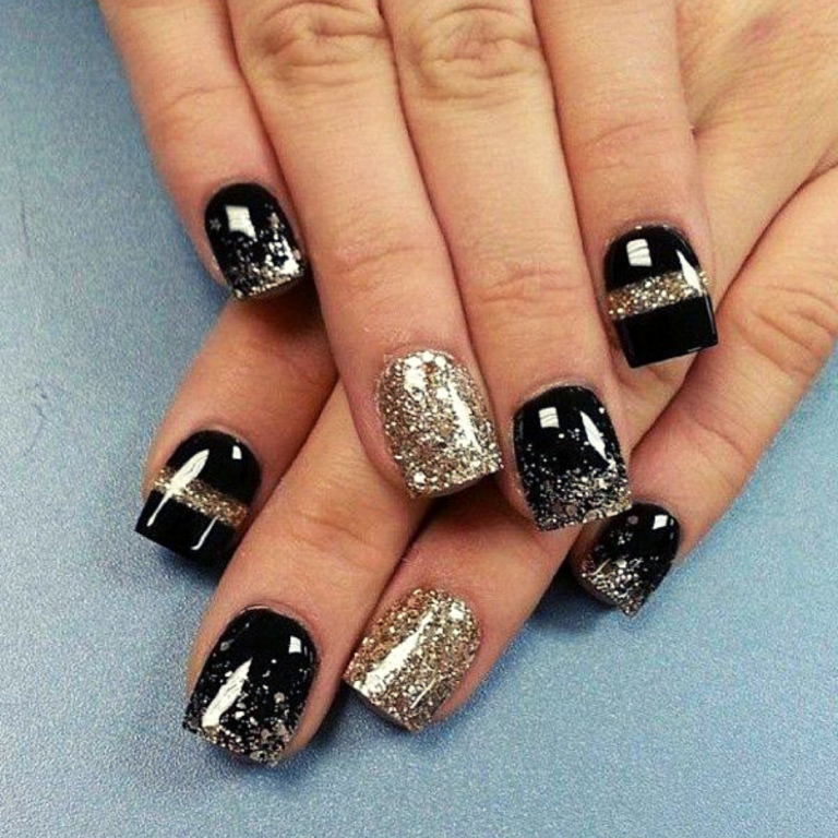 Black And Gold Glitter Nail Art