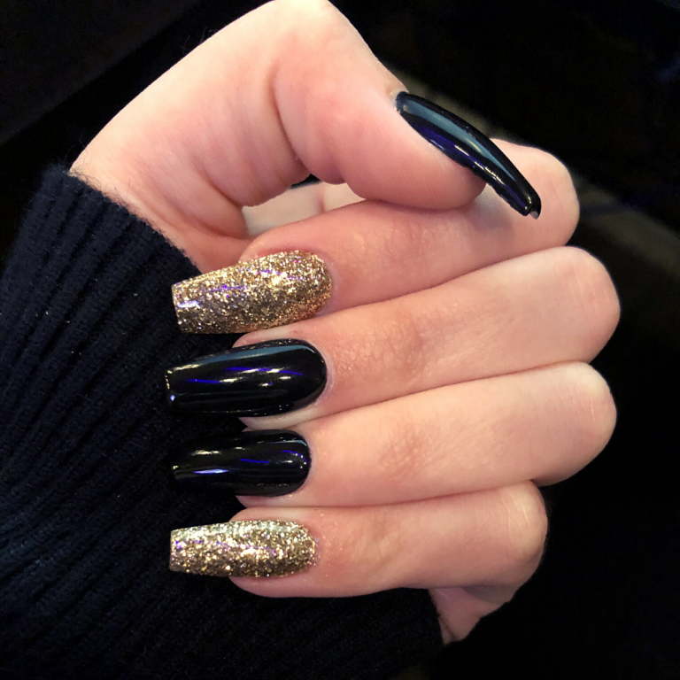 Black and Gold Glitter Coffin Nails