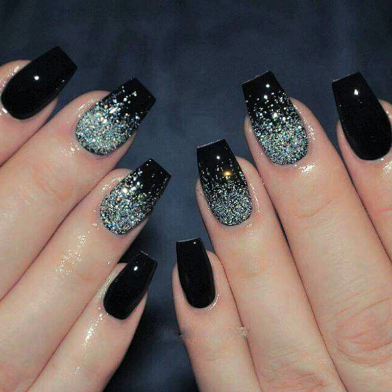 Black and Silver Glitter nails